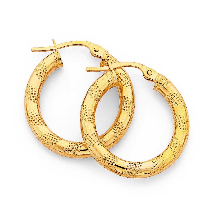 Earrings Pascoes | 9Ct Gold, Medium Polished & Patterned Hoops 21Mm