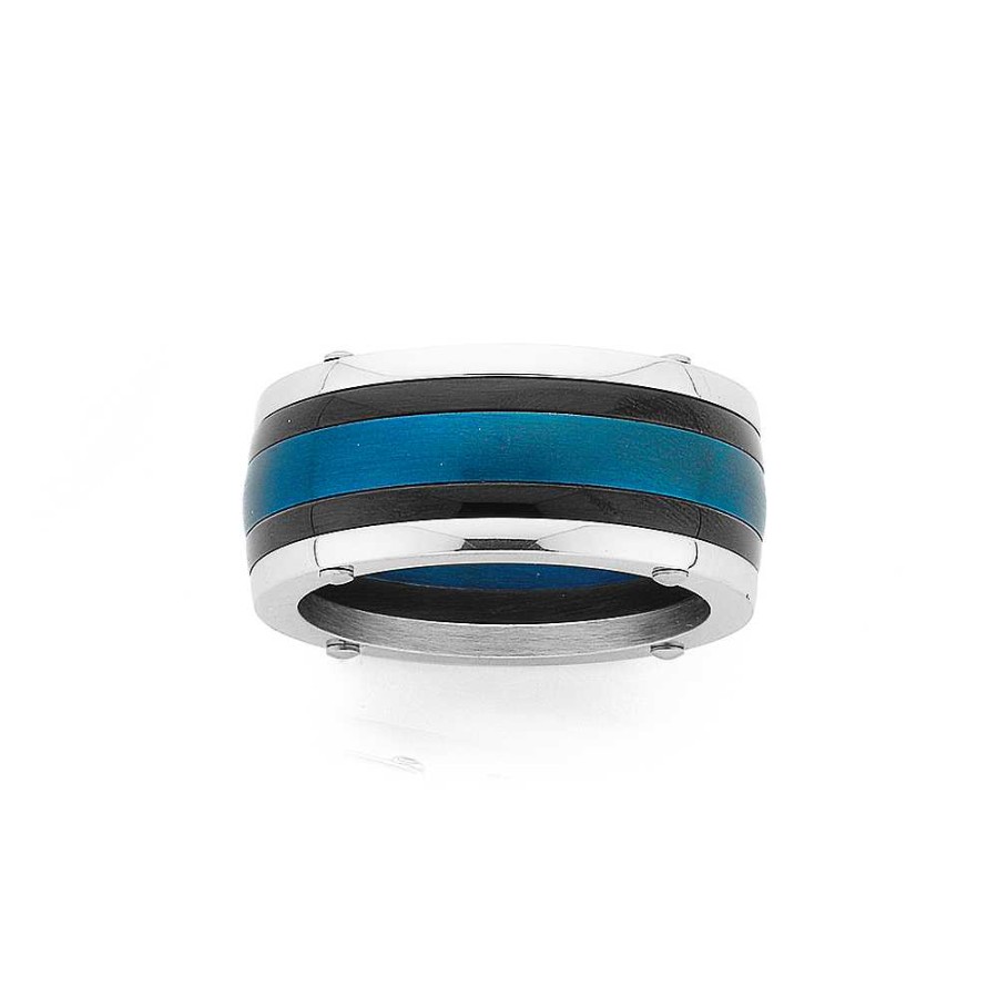 Rings Pascoes | Stainless Steel Chisel Blue & Black Plate Lines Ring Size W