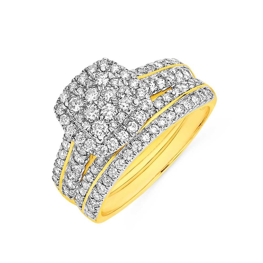 Rings Pascoes | 18Ct Gold Diamond Cluster Cushion Shape Bridal Set