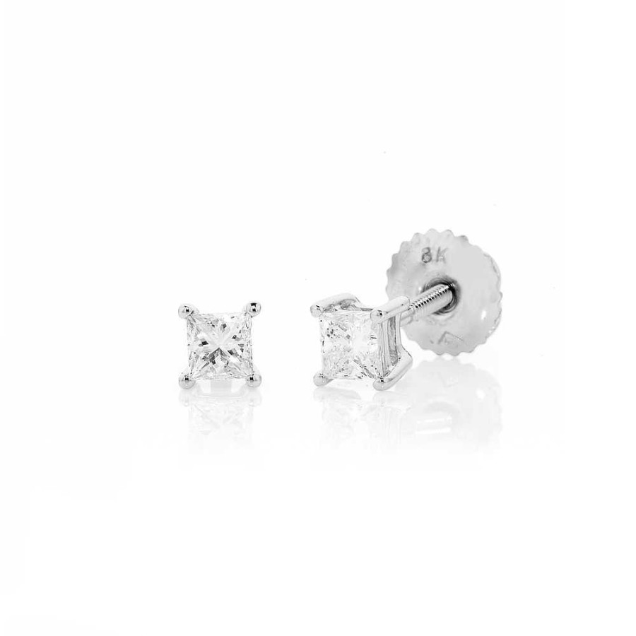 Earrings Pascoes | 18Ct White Gold Princess Cut Diamond Screwback Studs Tdw=.34Ct