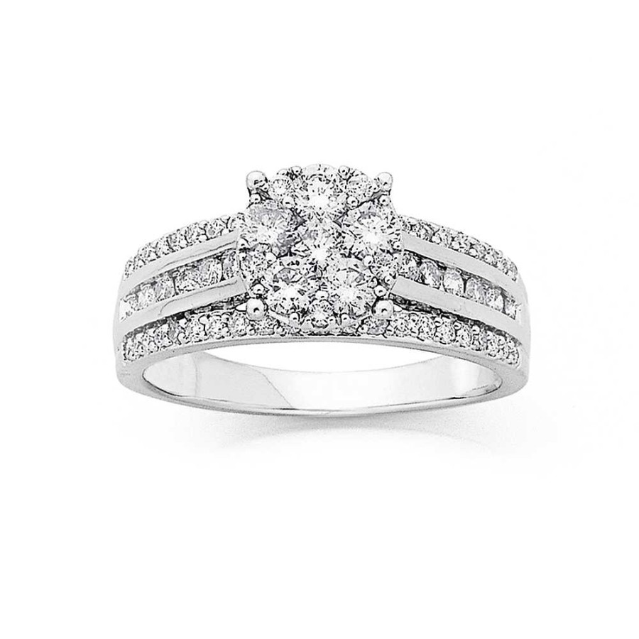 Rings Pascoes | 9Ct White Gold 3 Row Cluster Diamond Ring Total Diamond Weight=1.00Ct