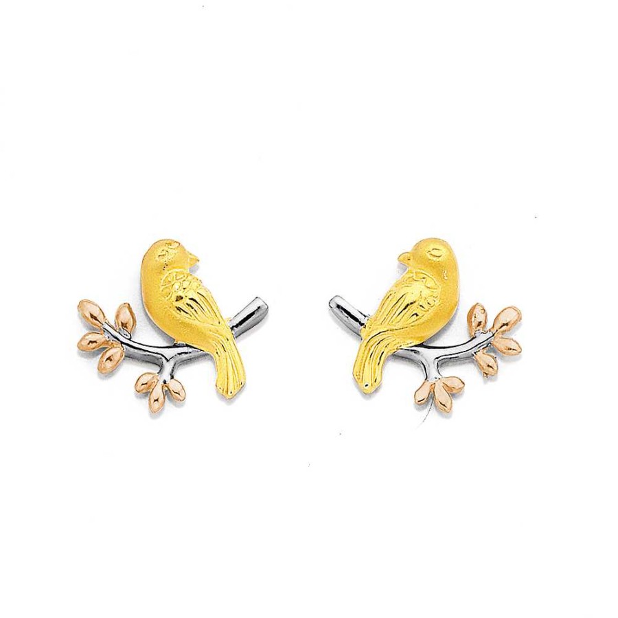 Earrings Pascoes | Sterling Silver Rose & Gold Plated Bird On Branch Studs