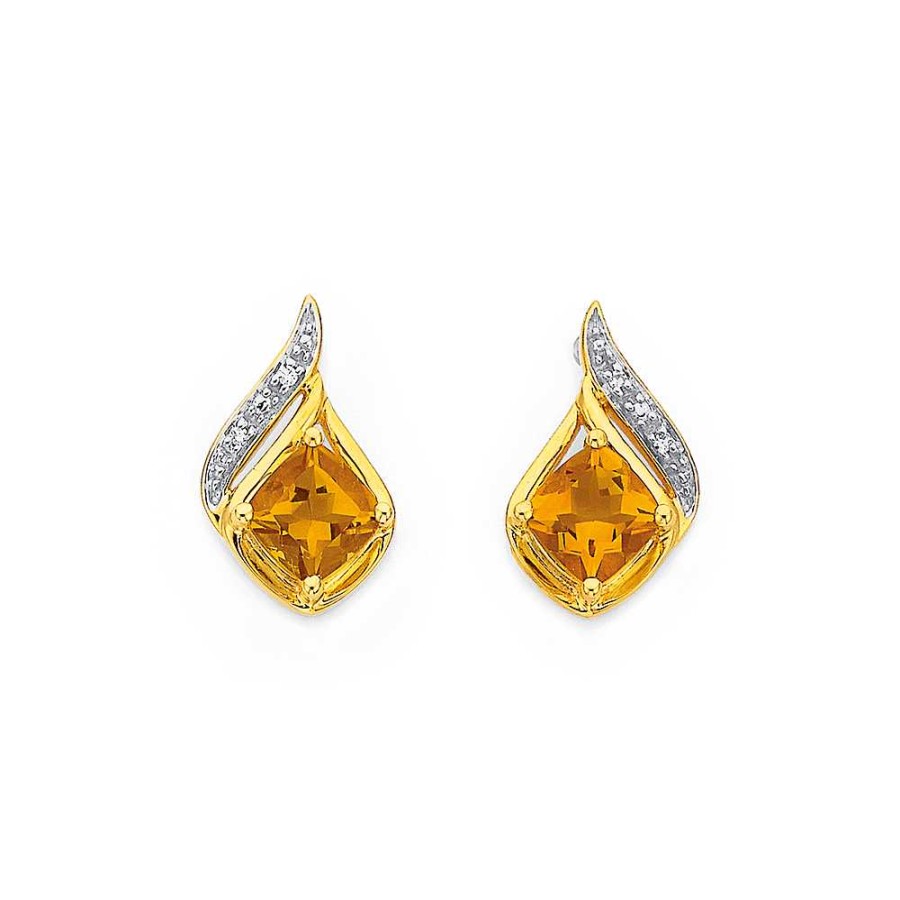 Earrings Pascoes | 9Ct Cushion Citrine & Diamond Swirl Earrings