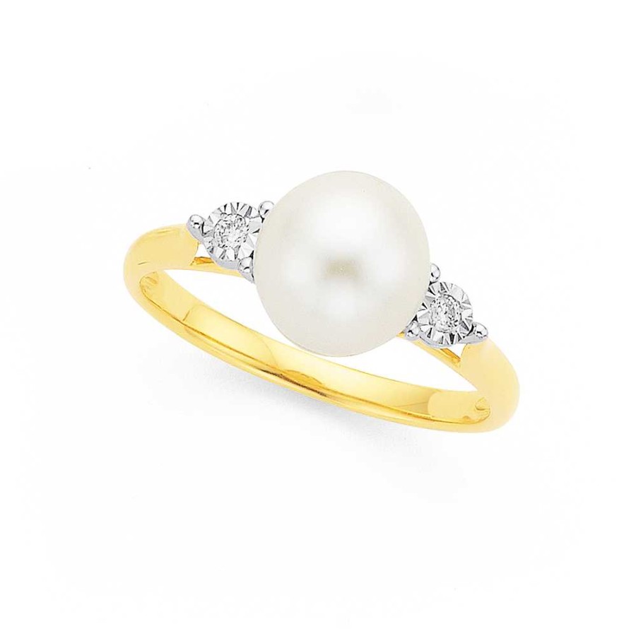 Rings Pascoes | 9Ct Freshwater Pearl & Diamond Mirror Set Ring