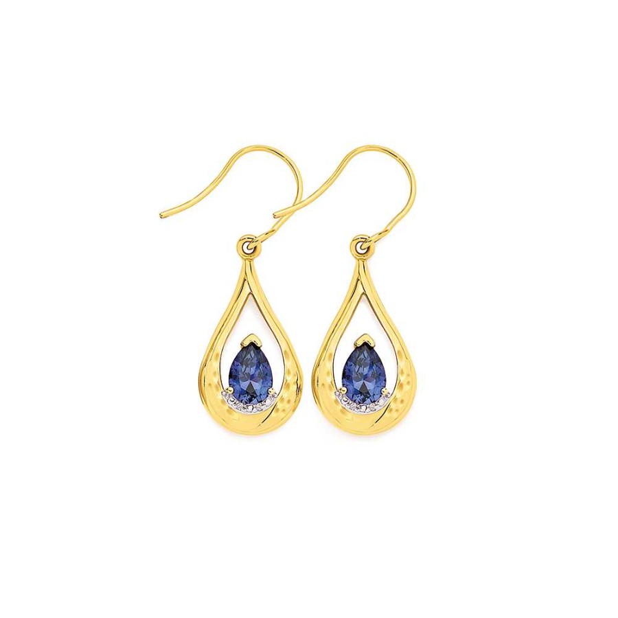 Earrings Pascoes | 9Ct Created Sapphire And Diamond Drop Earrings