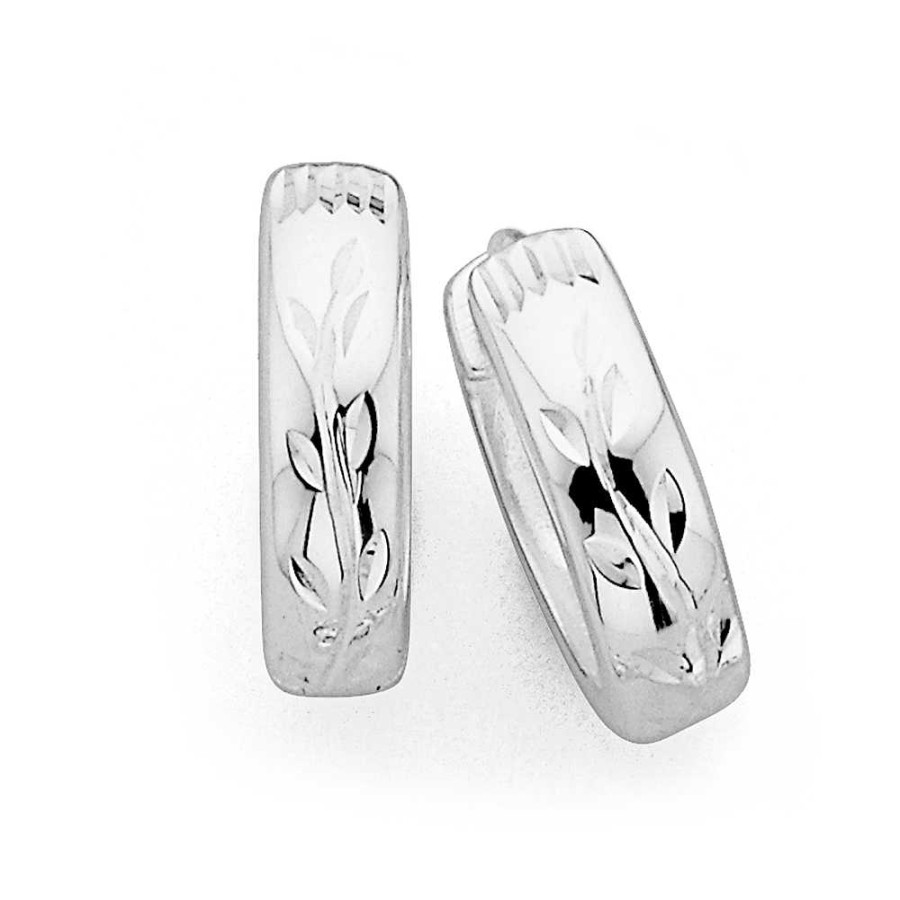 Earrings Pascoes | 10Mm Leaf Pattern Huggie Earrings In Sterling Silver