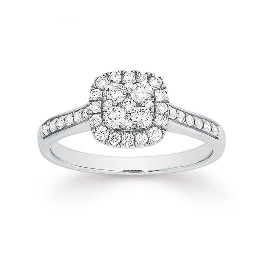 Rings Pascoes | 9Ct White Gold Diamond Cushion Halo Cluster Ring Tdw=.50Ct