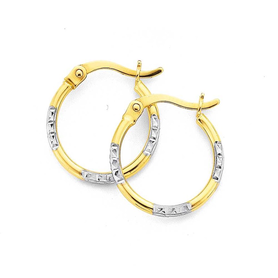 Earrings Pascoes | 15Mm Diamond Cut Hoop Earrings In 9Ct Yellow And White Gold