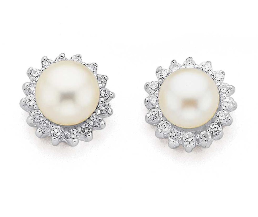 Earrings Pascoes | Sterling Silver Freshwater Pearl & Cubic Zirconia Cluster Studs