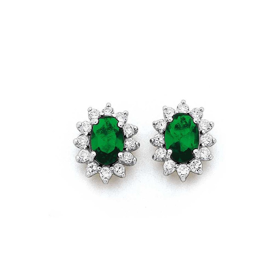 Earrings Pascoes | Sterling Silver Emerald Cubic Zirconia & Cubic Zirconia Cluster Studs