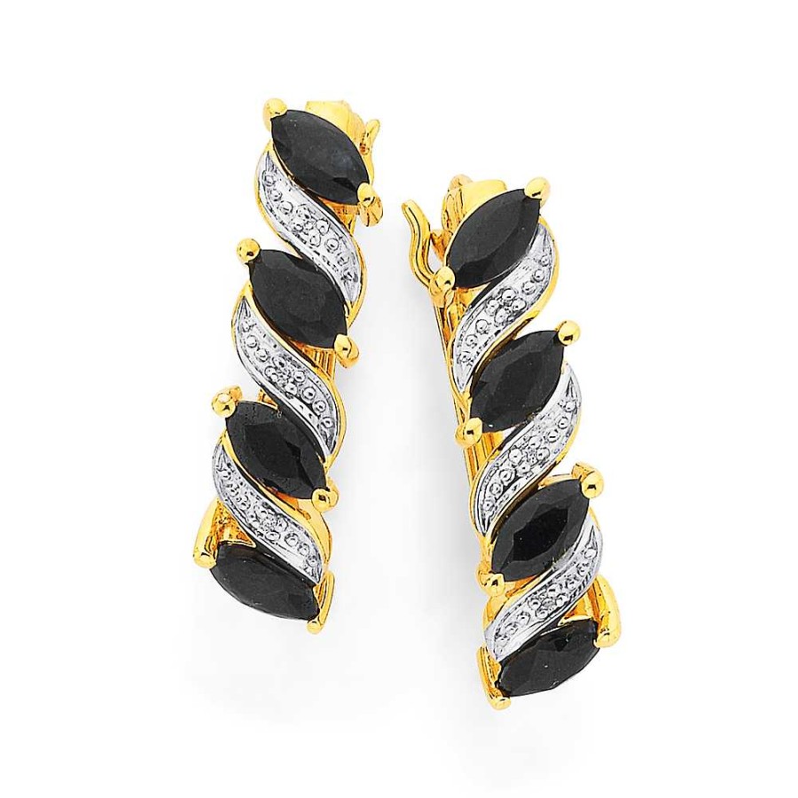 Earrings Pascoes | 9Ct Gold Black Sapphire & Diamond Swirl Hoop Earrings