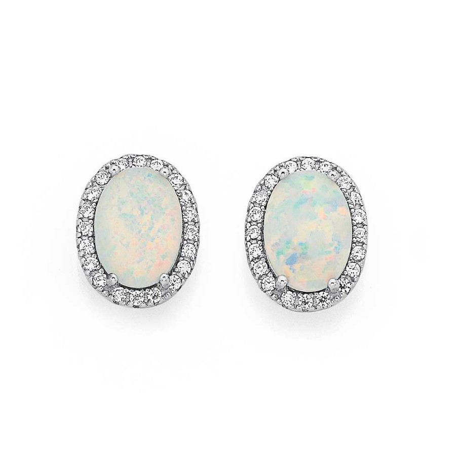 Earrings Pascoes | Sterling Silver Cubic Zirconia & Created Opal Studs