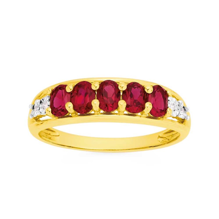 Rings Pascoes | 9Ct Gold, Ruby (Created) & Diamond Band