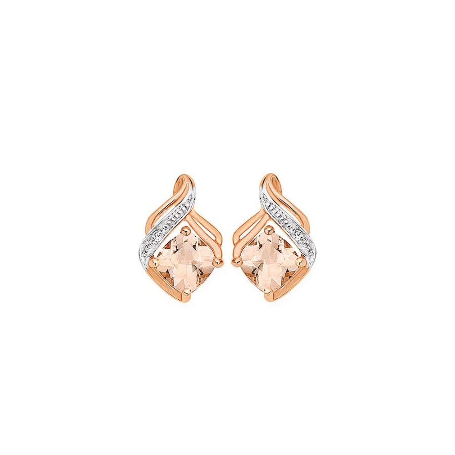 Earrings Pascoes | 9Ct Rose Gold Morganite & Diamond Stud Earrings