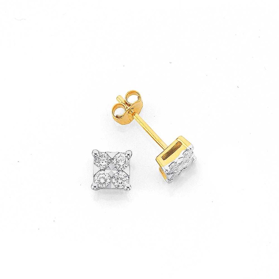 Earrings Pascoes | 9Ct Gold Diamond Square Look Stud Earrings