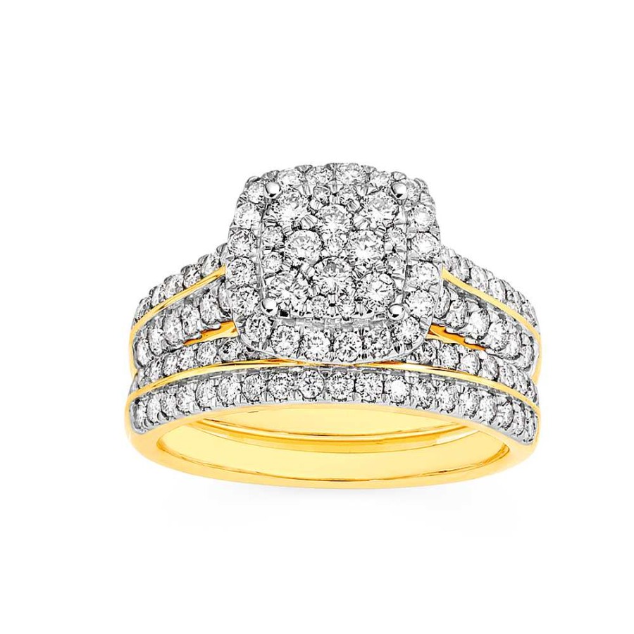 Rings Pascoes | 18Ct Gold Diamond Cluster Cushion Shape Bridal Set