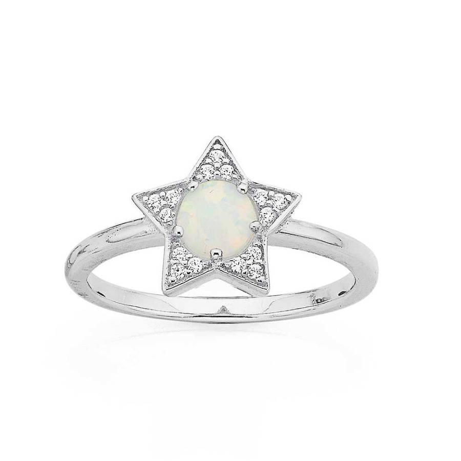 Rings Pascoes | Sterling Silver Cubic Zirconia & Created Opal Star Ring Size N1/2