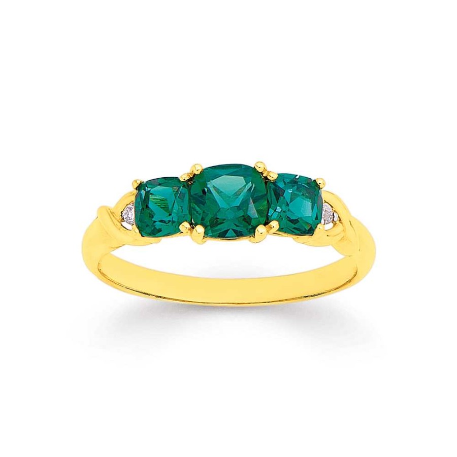 Rings Pascoes | 9Ct Gold Created Emerald & Diamond Trilogy Ring