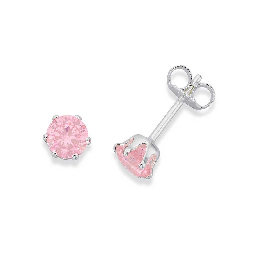 Earrings Pascoes | Sterling Silver Pink Cubic Zirconia Round 6-Claw Stud Earrings