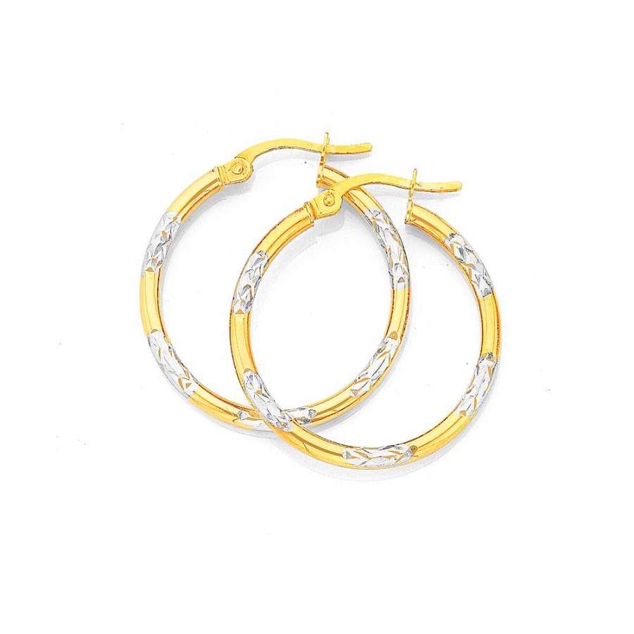 Earrings Pascoes | 9Ct Gold Two Tone 2X20Mm Striped Hoop Earrings