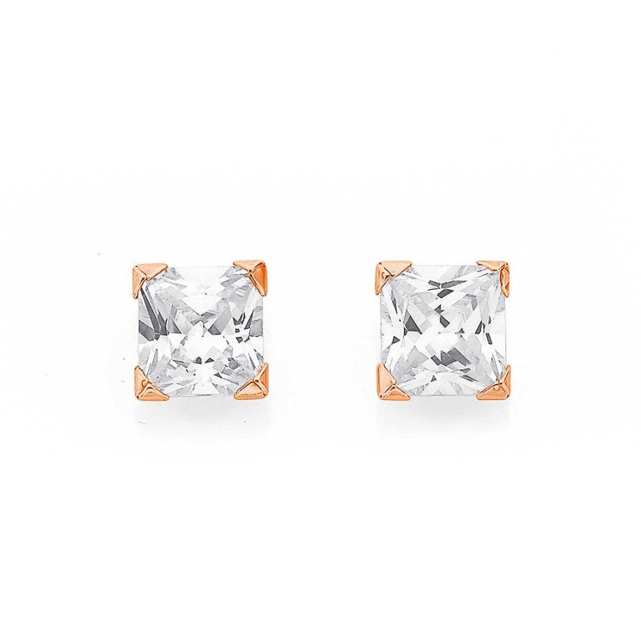 Earrings Pascoes | 9Ct Rose Gold 5Mm Cubic Zirconia Square Stud Earrings