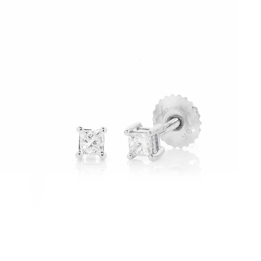 Earrings Pascoes | 18Ct White Gold Princess Cut Diamond Screwback Studs Tdw=.25Ct