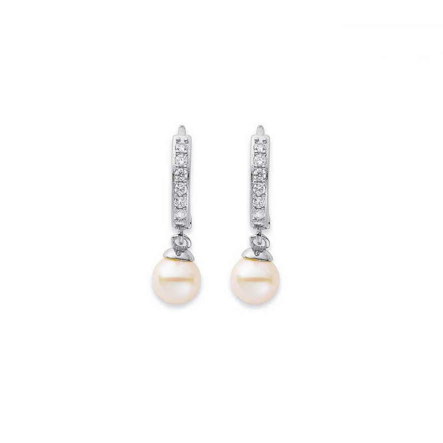 Earrings Pascoes | Sterling Silver Freshwater Pearl & Cubic Zirconia Earrings