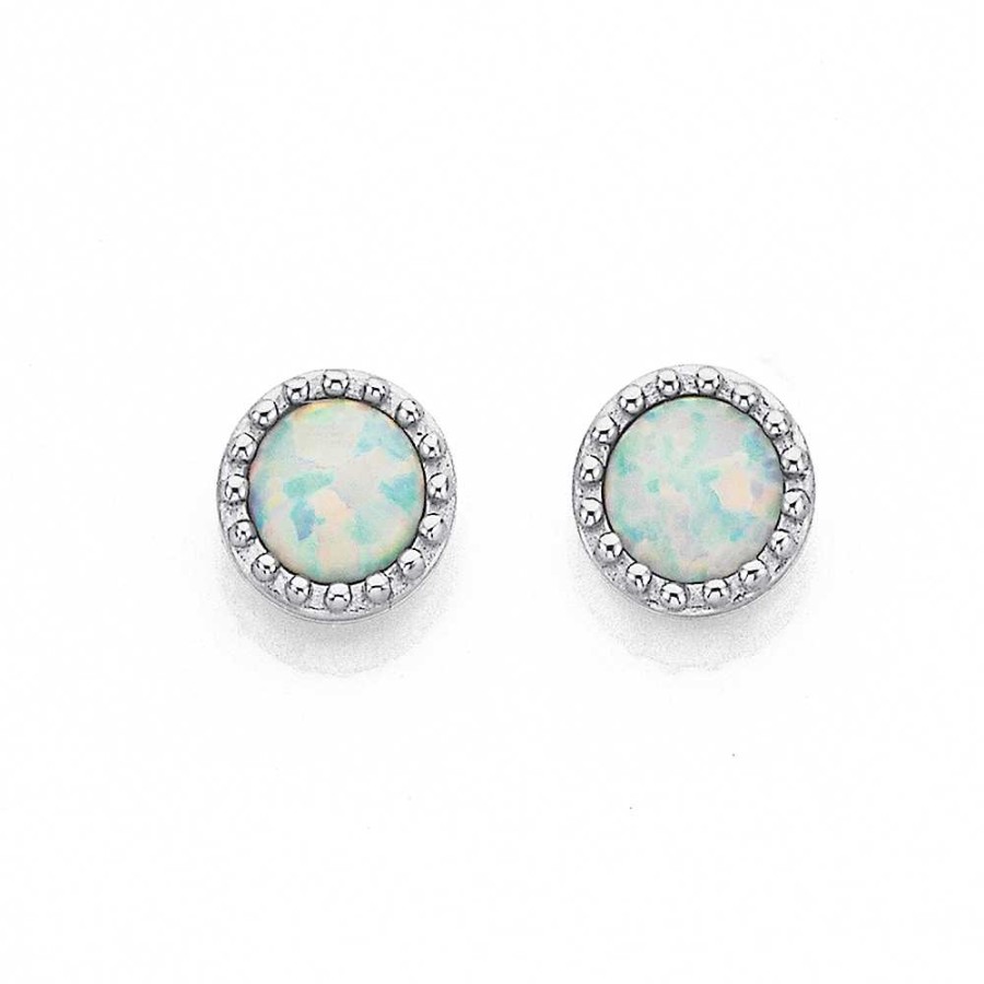 Earrings Pascoes | Sterling Silver Created Opal & Cubic Zirconia Studs