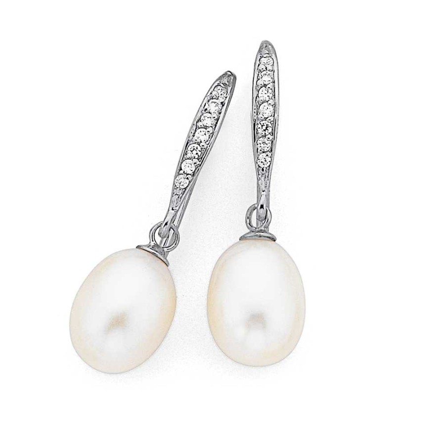 Earrings Pascoes | Freshwater Pearl & Cubic Zirconia Hook Earrings In Sterling Silver