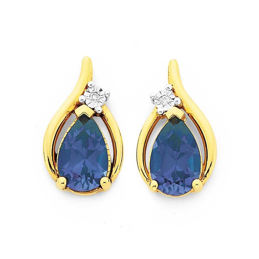 Earrings Pascoes | 9Ct Created Sapphire & Diamond Pear Loop Earrings