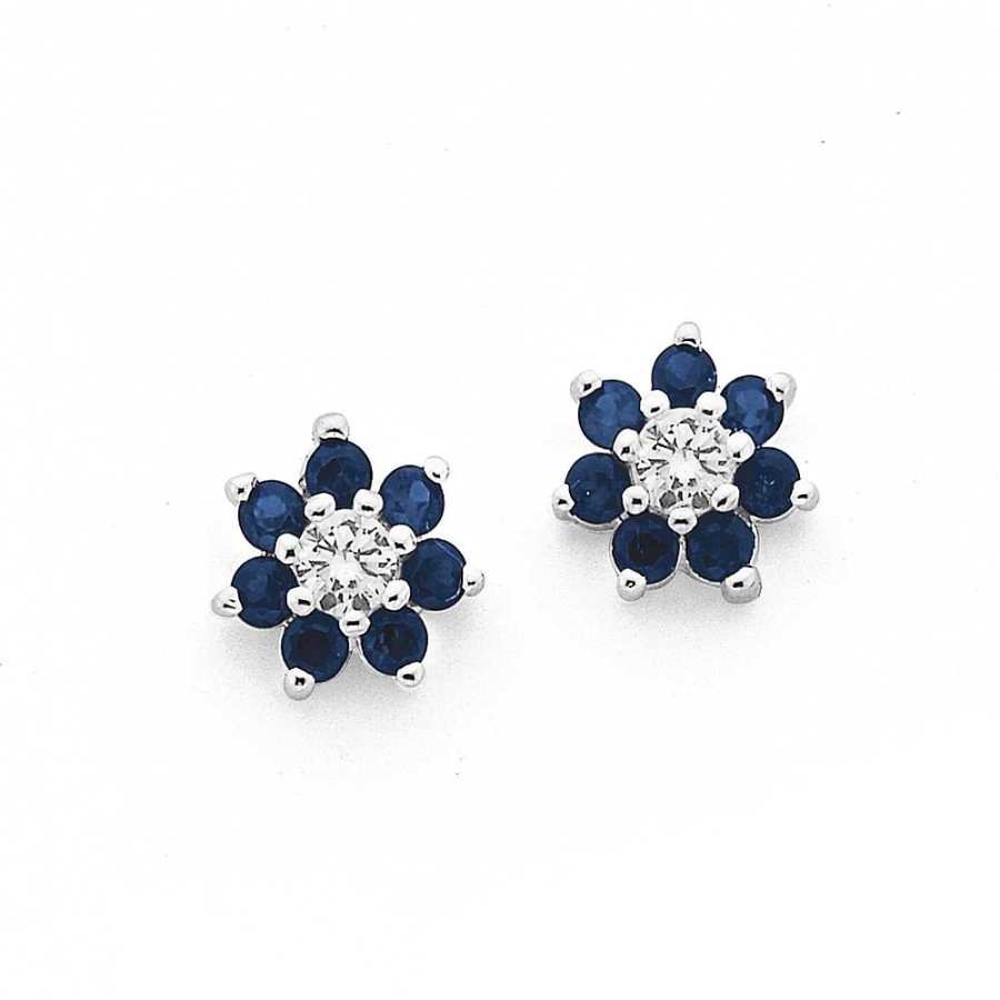 Earrings Pascoes | Sterling Silver Synthetic Sapphire & Cubic Zirconia Cluster Earrings