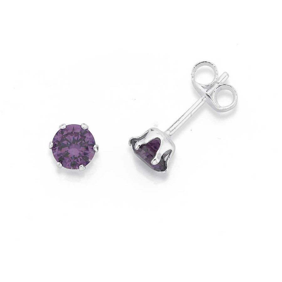 Earrings Pascoes | Sterling Silver Purple Cz Round 6-Claw Stud Earrings