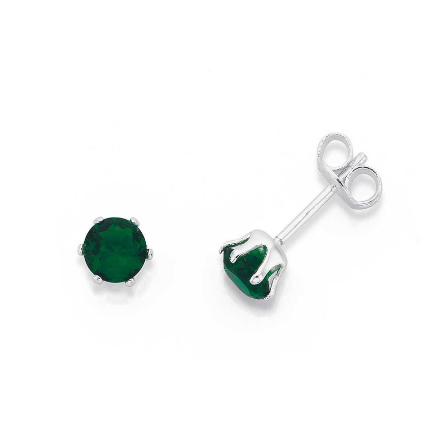 Earrings Pascoes | Sterling Silver Green Round 6-Claw Stud Earrings