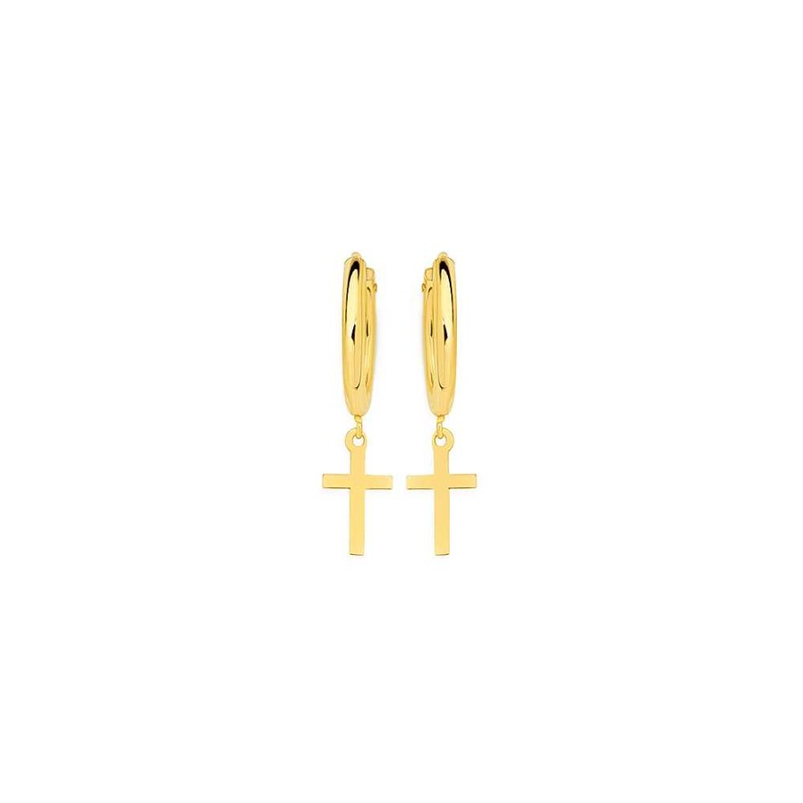 Earrings Pascoes | 9Ct Gold 1.5X10Mm Hoop Earrings With Cross Drop