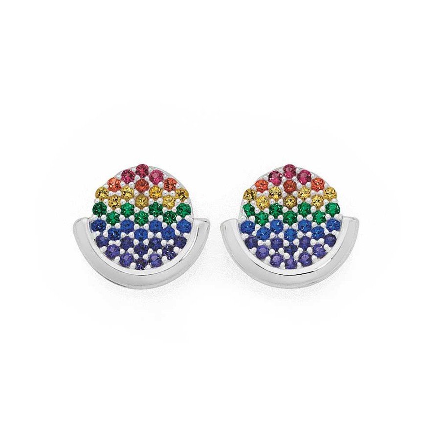 Earrings Pascoes | Sterling Silver Rainbow Cubic Zirconia Disc Studs