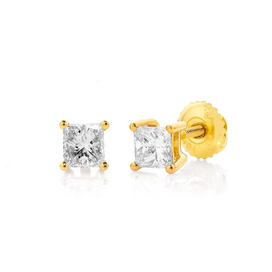 Earrings Pascoes | 18Ct Princess Cut Diamond Screwback Studs Tdw=.75Ct