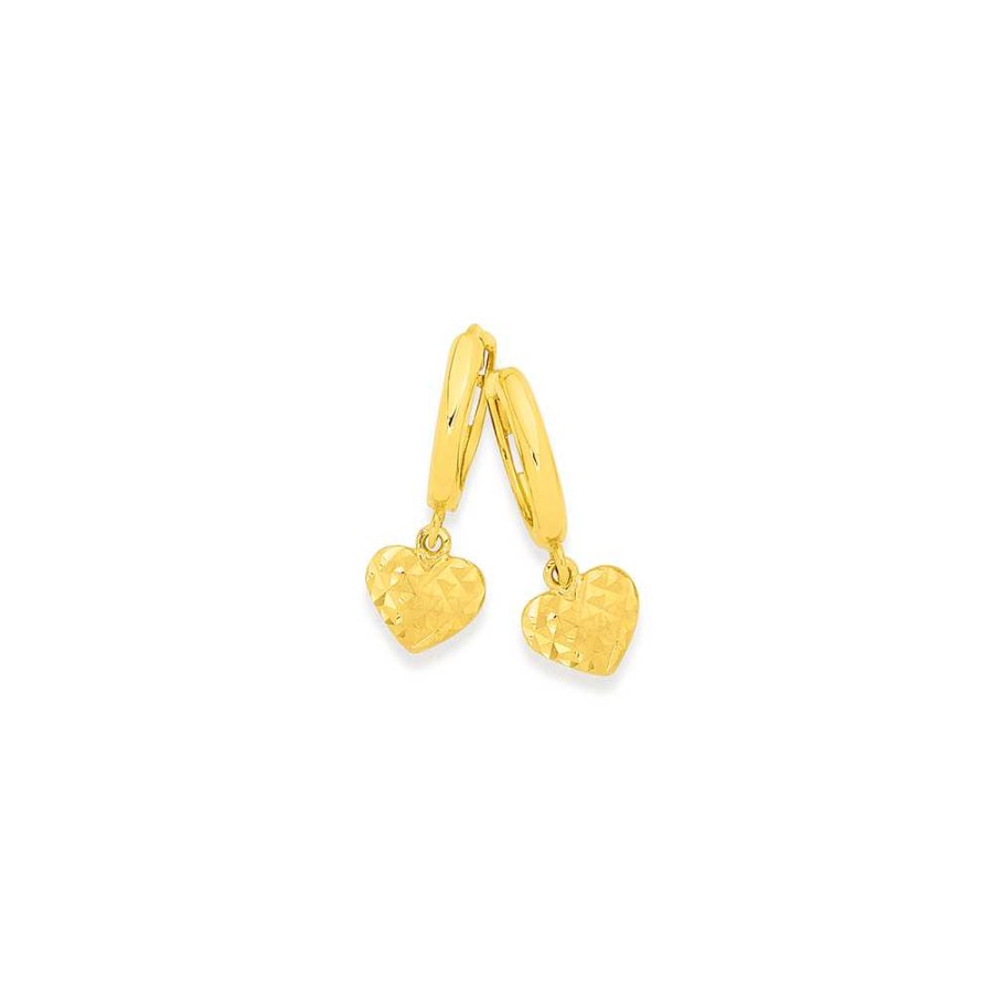 Earrings Pascoes | 9Ct Gold Diamond-Cut Heart Drop Huggie Earrings