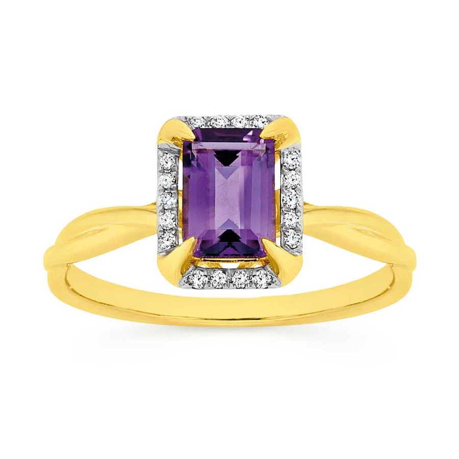 Rings Pascoes | 9Ct Gold Amethyst & Diamond Emerald Cut Framed Ring Total Diamond Weight =.07Ct Amethyst = 7*5