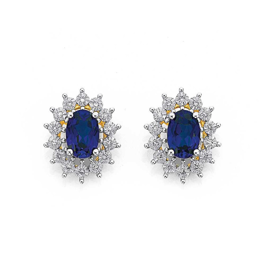 Earrings Pascoes | 9Ct, Created Blue Sapphire And Diamond Earrings