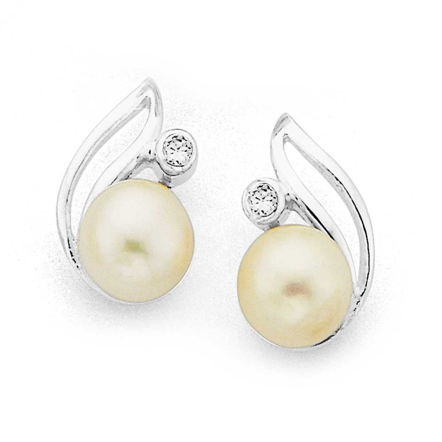 Earrings Pascoes | Sterling Silver Freshwater Pearl & Cubic Zirconia Earrings