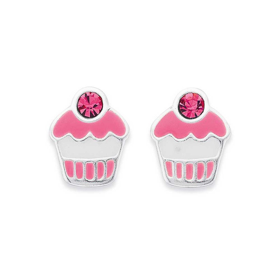 Earrings Pascoes | Sterling Silver Pink Enamel & Crystal Cupcake Studs