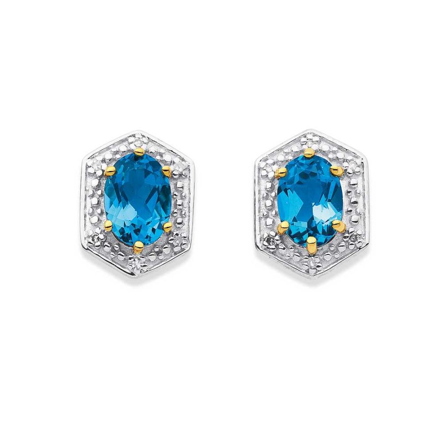 Earrings Pascoes | 9Ct Oval London Blue Topaz And Diamond Earrings