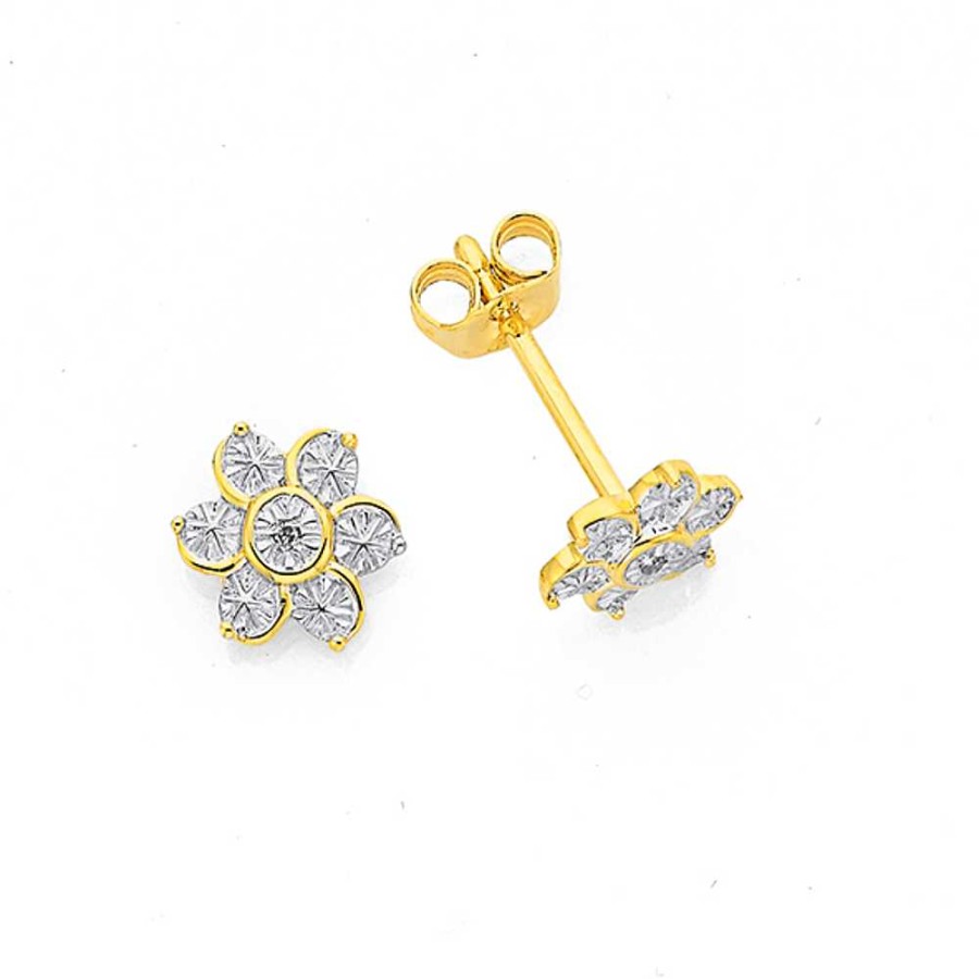 Earrings Pascoes | 9Ct Gold Diamond Flower Earrings