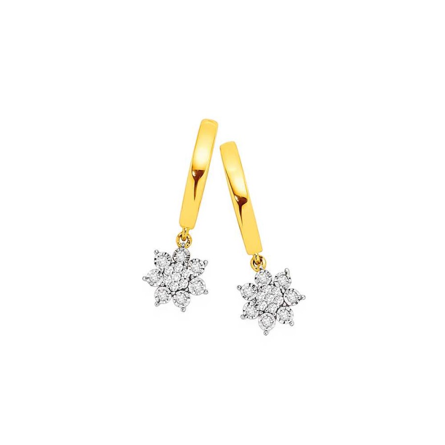 Earrings Pascoes | 9Ct Gold Diamond Flower Drop Hoop Earrings