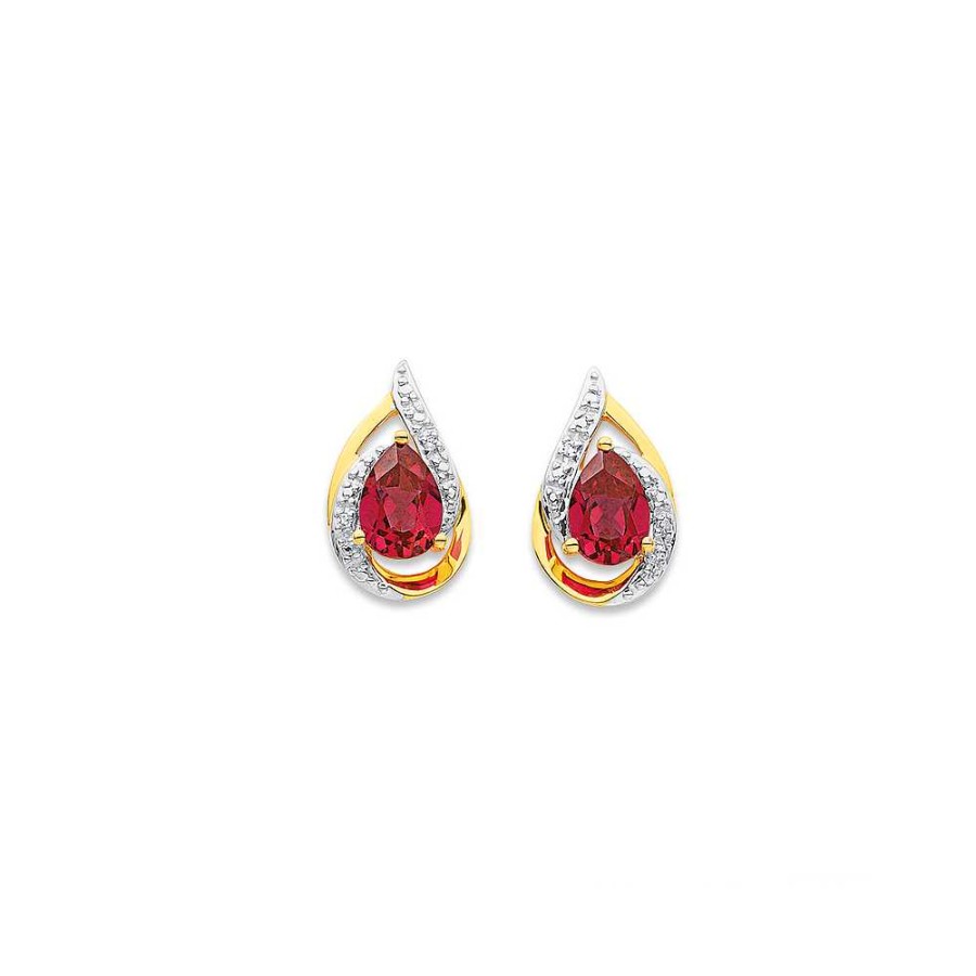 Earrings Pascoes | 9Ct Created Ruby & Diamond Earrings