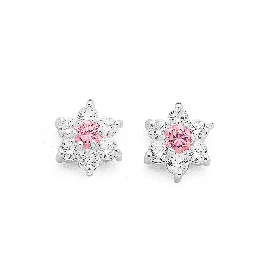 Earrings Pascoes | Sterling Silver Pink Cubic Zirconia Flower Studs