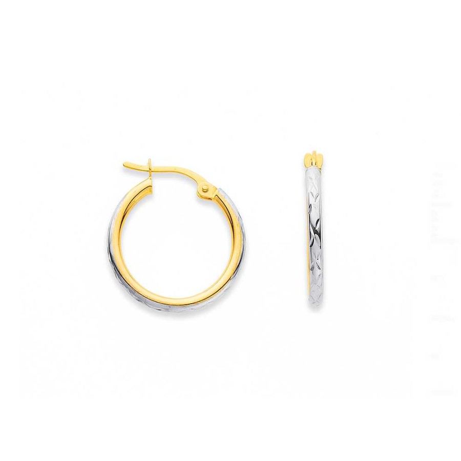 Earrings Pascoes | 9Ct Gold Two Tone 2X15Mm Diamond-Cut Hoop Earrings