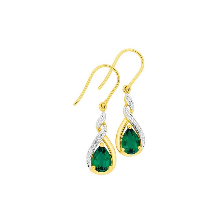 Earrings Pascoes | 9Ct Synthetic Emerald & Diamond Drop Earrings