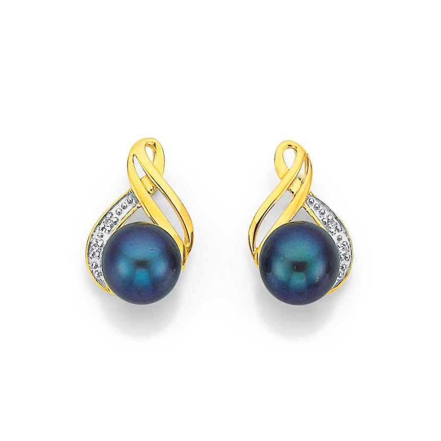 Earrings Pascoes | 9Ct Black Freshwater Pearl & Diamond Earrings