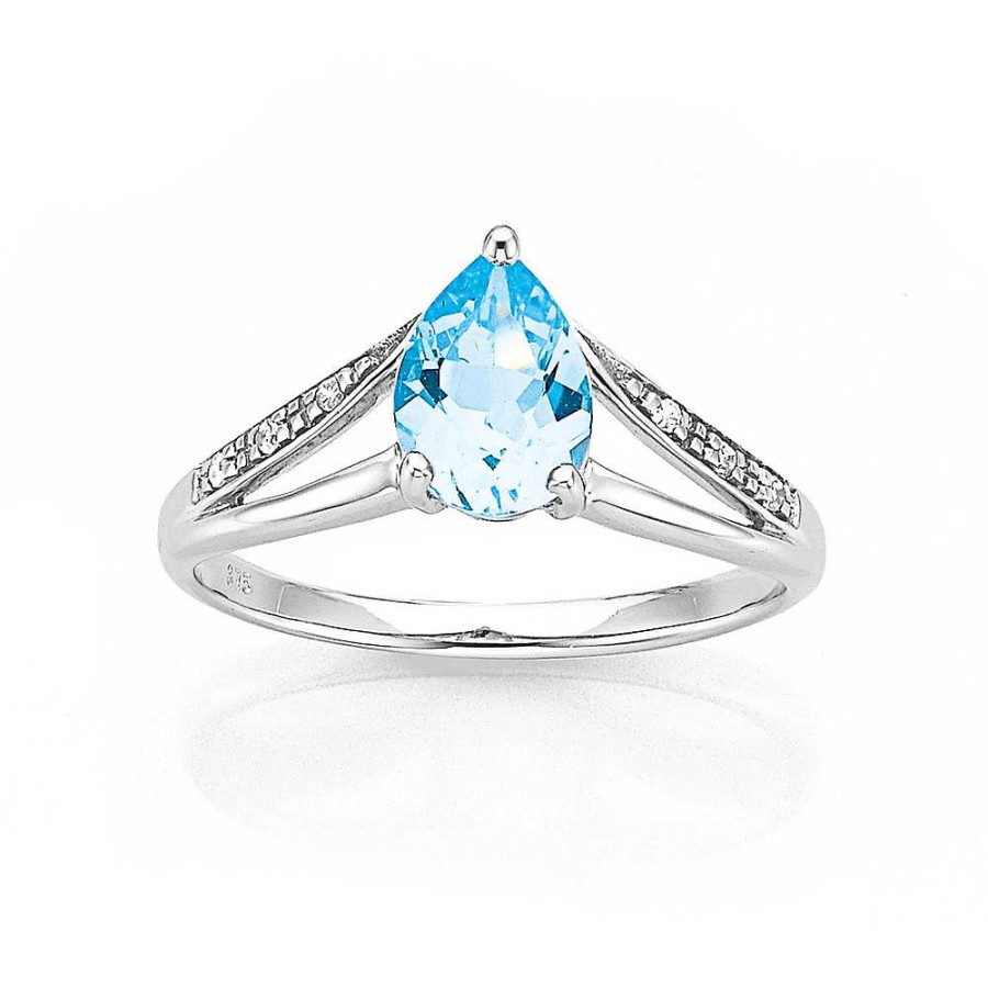 Rings Pascoes | 9Ct White Gold Blue Topaz & Diamond Ring